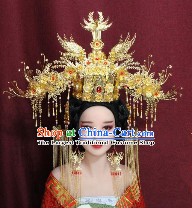 Chinese Ancient Ming Dynasty Empress Hair Accessories Golden Tassel Phoenix Coronet Hairpins for Women