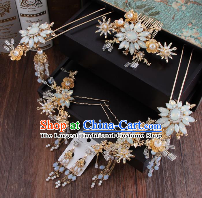 Chinese Ancient Bride Hair Accessories Classical Opal Hair Comb Hanfu Handmade Hairpins for Women