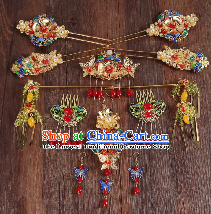 Chinese Ancient XiuHe Suit Cloisonne Hair Accessories Bride Handmade Hairpins Complete Set for Women