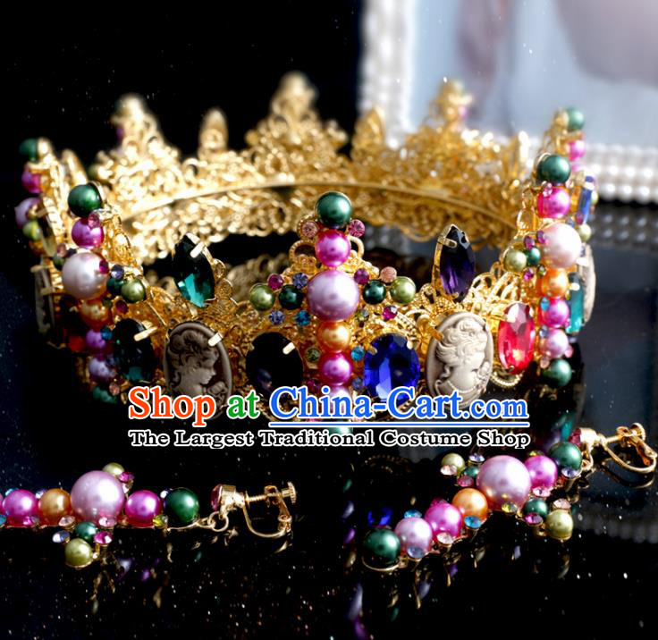 Top Grade Bride Hair Accessories Wedding Baroque Colorful Crystal Royal Crown and Earrings for Women