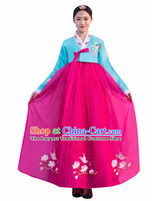 Asian Korean Traditional Costumes Korean Hanbok Blue Embroidered Blouse and Rosy Skirt for Women