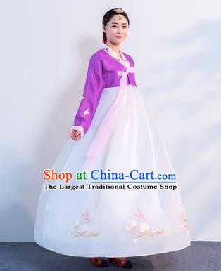 Asian Korean Traditional Costumes Korean Hanbok Purple Embroidered Blouse and White Skirt for Women