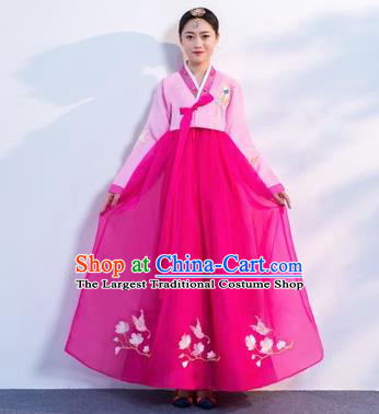 Asian Korean Traditional Costumes Korean Hanbok Pink Embroidered Blouse and Rosy Skirt for Women