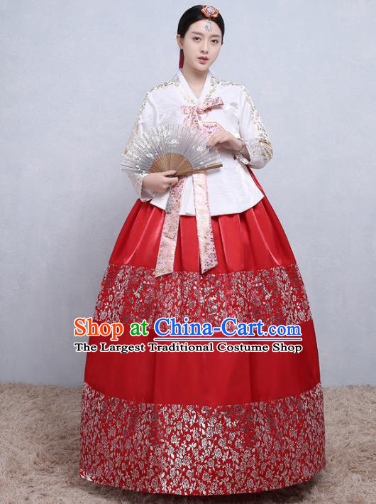 Asian Korean Traditional Costumes Korean Palace Hanbok Embroidered White Blouse and Red Skirt for Women