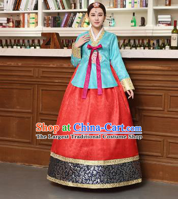 Korean Traditional Costumes Asian Korean Hanbok Palace Bride Embroidered Blue Blouse and Red Skirt for Women