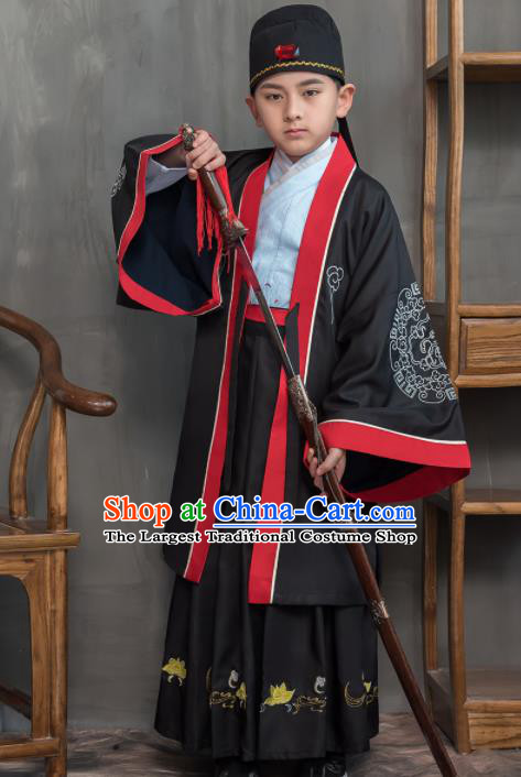 Traditional Chinese Ancient Scholar Black Costumes Han Dynasty Minister Clothing for Kids
