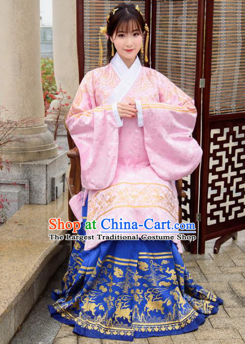 Traditional Chinese Ancient Ming Dynasty Palace Princess Costumes Pink Cloak and Blue Skirt for Women