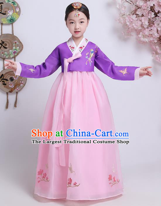 Asian Korean Traditional Costumes Korean Hanbok Purple Blouse and Pink Skirt for Kids