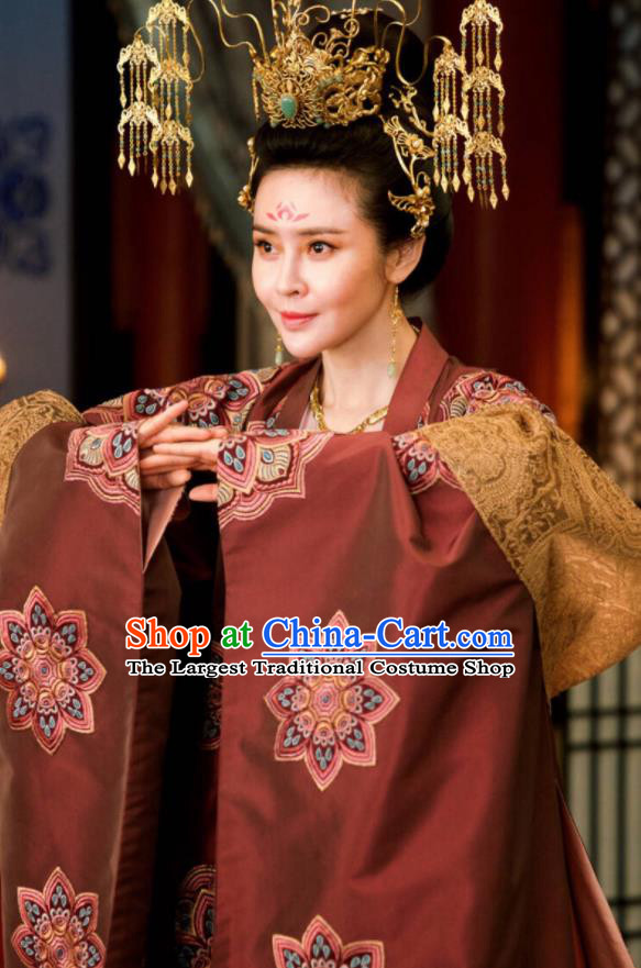 Chinese Ancient The Rise of Phoenixes Hanfu Dress Tang Dynasty Imperial Consort Embroidered Costumes and Headpiece Complete Set