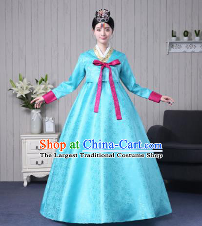 Traditional Korean Palace Costumes Asian Korean Hanbok Blue Blouse and Skirt for Women