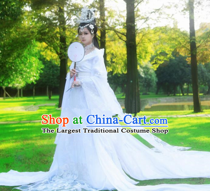 Chinese Ancient Cosplay Peri Princess White Hanfu Dress Traditional Tang Dynasty Swordswoman Costume for Women