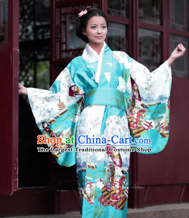 Traditional Japanese Costumes Asian Japan Kimono Printing Green Furisode Yukata for Women