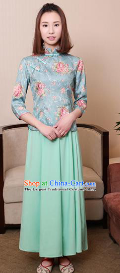 Chinese Ancient Nobility Lady Costumes Traditional Embroidered Green Qipao Blouse and Skirt for Women