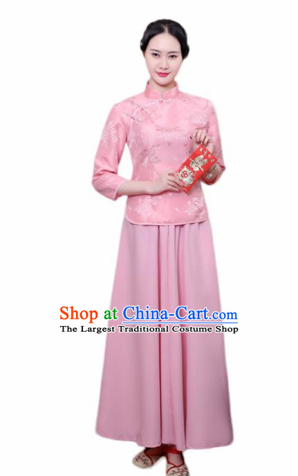 Chinese Ancient Nobility Lady Costumes Traditional Embroidered Pink Qipao Blouse and Skirt for Women