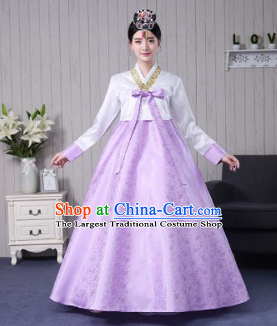 Traditional Korean Palace Costumes Asian Korean Hanbok Bride White Blouse and Lilac Skirt for Women