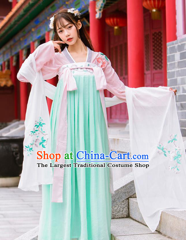 Chinese Ancient Tang Dynasty Nobility Lady Embroidered Green Hanfu Dress Princess Costume for Rich Women