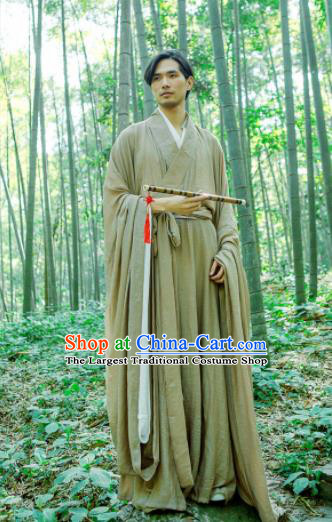 Chinese Ancient Traditional Han Dynasty Khaki Wide Sleeve Robe Scholar Swordsman Costumes for Men