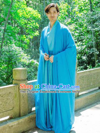 Chinese Ancient Traditional Jin Dynasty Swordsman Costumes Scholar Blue Cloak for Men