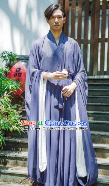 Chinese Ancient Traditional Jin Dynasty Swordsman Costumes Scholar Navy Straight-Front Robe for Men