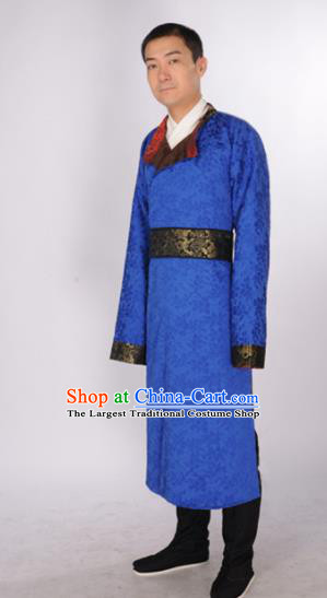 Chinese Traditional Tang Dynasty Imperial Bodyguard Costumes Ancient Minister Blue Robe for Men