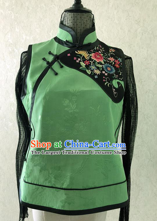 Traditional Chinese Handmade Brocade Costume Tang Suit Embroidered Green Vest for Women