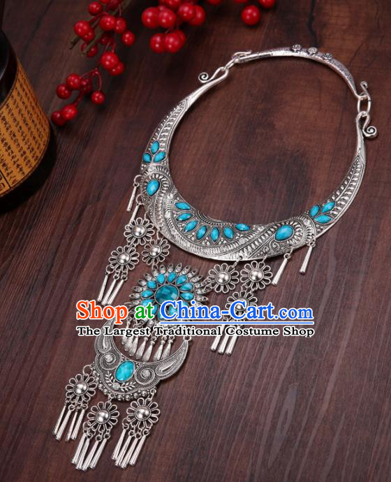 Chinese Traditional Jewelry Accessories Miao Minority Tassel Blue Necklace for Women