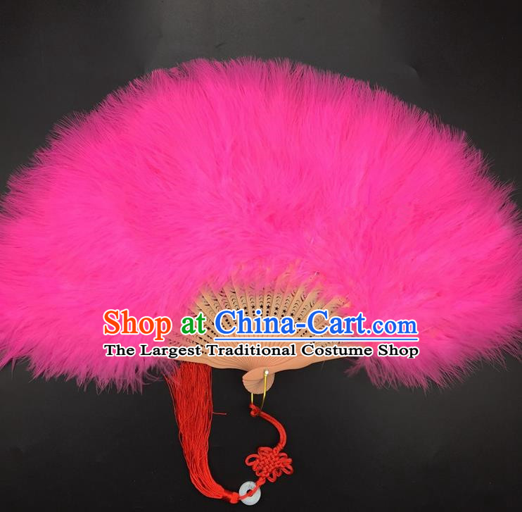 Traditional Chinese Crafts Rosy Feather Folding Fan China Folk Dance Feather Fans