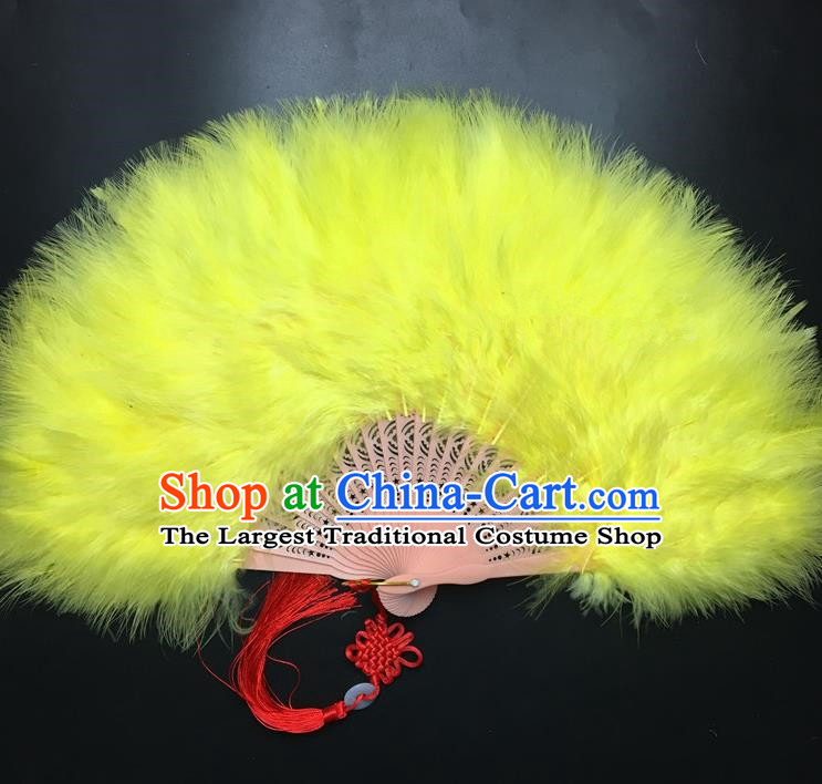 Traditional Chinese Crafts Yellow Feather Folding Fan China Folk Dance Feather Fans