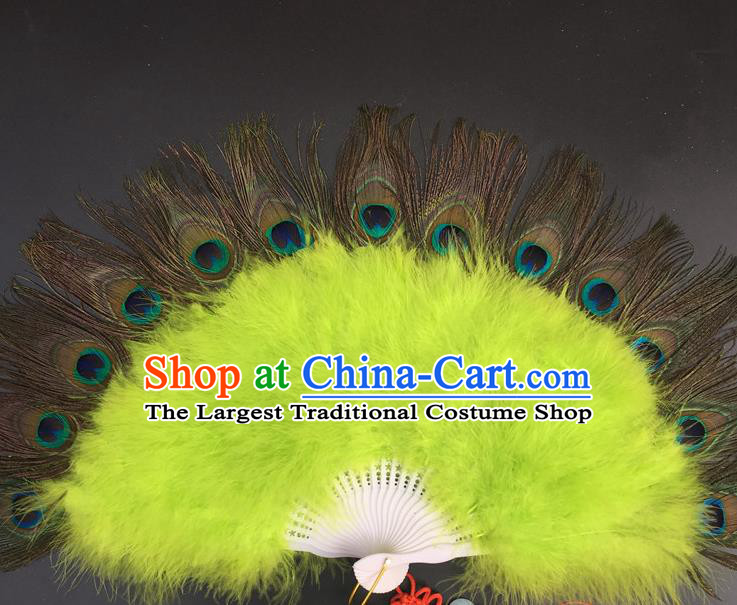 Traditional Chinese Crafts Peacock Feather Folding Fan China Folk Dance Green Feather Fans