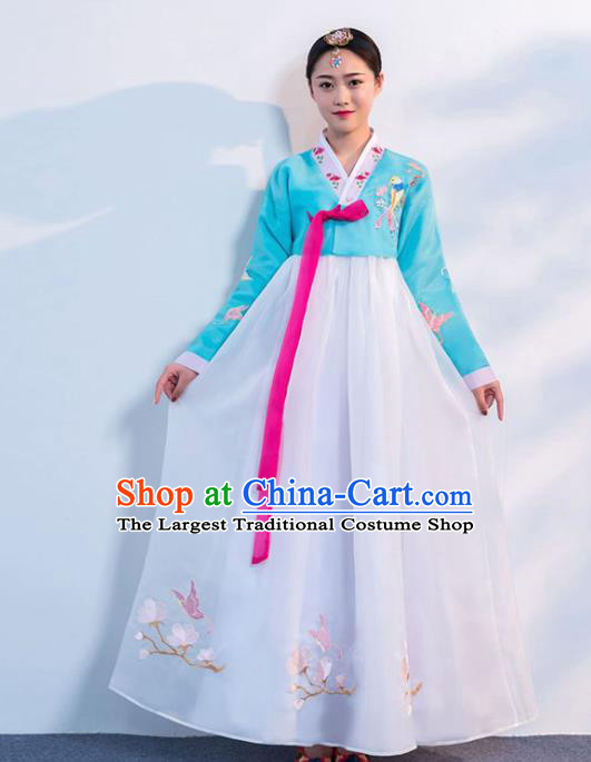 Top Grade Korean Traditional Costumes Asian Korean Hanbok Bride Blue Blouse and White Skirt for Women