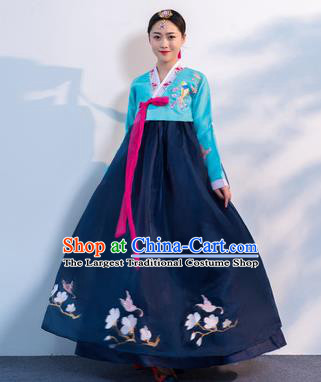 Top Grade Korean Traditional Costumes Asian Korean Hanbok Bride Blue Blouse and Navy Skirt for Women