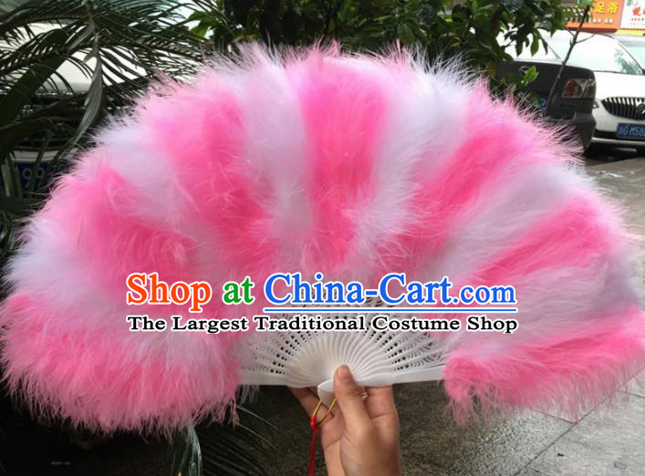 Traditional Chinese Crafts Pink Feather Folding Fan China Folk Dance Feather Fans