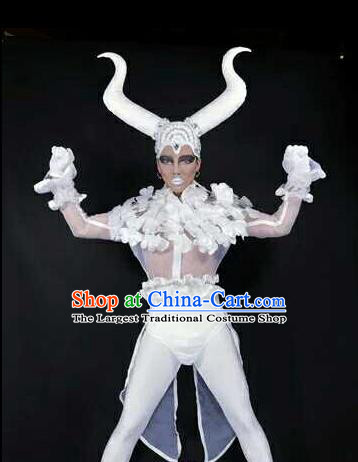 Professional Stage Performance Costume Halloween Cosplay Clown White Clothing and Feather Headwear for Men