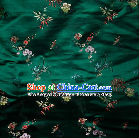 Chinese Traditional Silk Fabric Tang Suit Green Brocade Cheongsam Plum Blossom Orchid Bamboo and Chrysanthemum Pattern Cloth Material Drapery