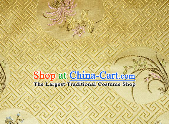 Chinese Traditional Silk Fabric Plum Blossom Orchid Bamboo Chrysanthemum Pattern Tang Suit Yellow Brocade Cloth Cheongsam Material Drapery