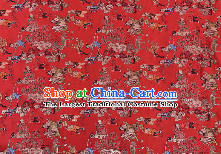 Chinese Traditional Hundred Children Pattern Tang Suit Red Brocade Fabric Silk Cloth Cheongsam Material Drapery