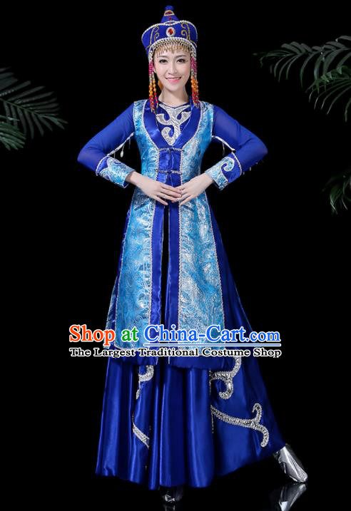 Chinese Traditional Mongolian Classical Dance Blue Dress Mongol Minority Folk Dance Costume for Women