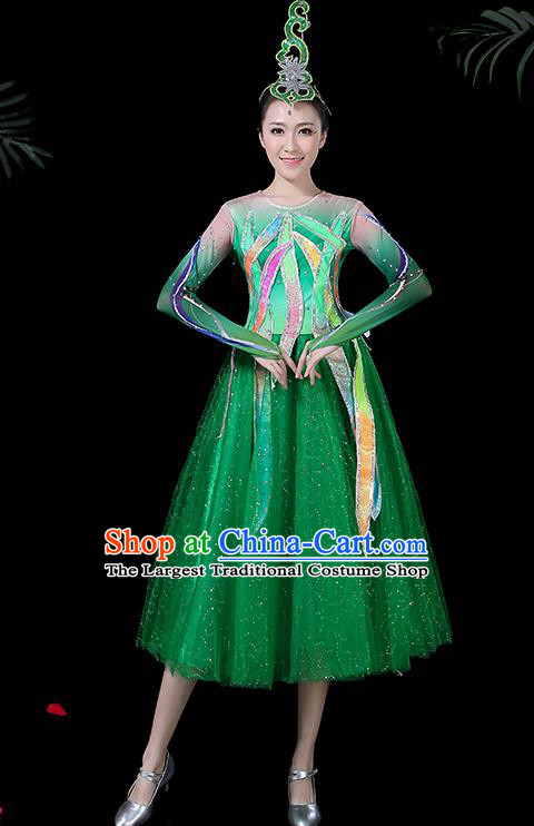 Professional Modern Dance Costume Chorus Folk Dance Green Veil Dress for Women