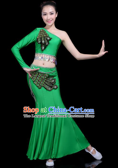 Chinese Traditional Peacock Dance Green Dress Dai Minority Folk Dance National Costume for Women