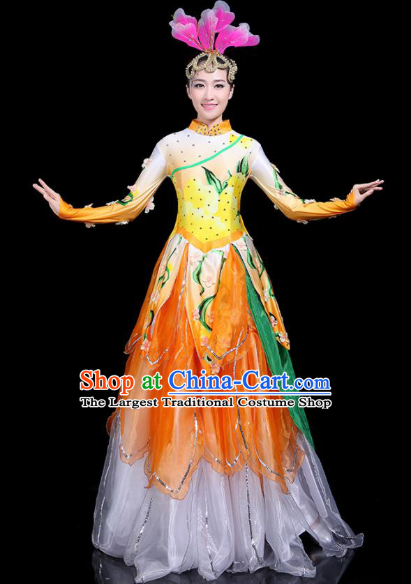 Traditional Classical Dance Umbrella Dance Yellow Dress Chinese Folk Dance Peony Costume for Women