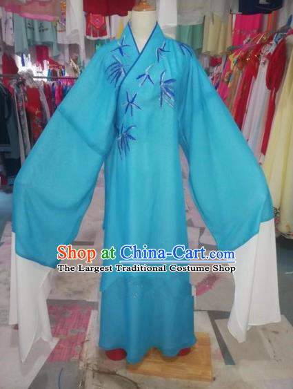 Chinese Traditional Beijing Opera Scholar Embroidered Bamboo Blue Robe Peking Opera Niche Costume for Adults