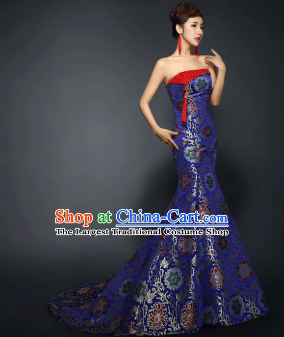 Chinese Traditional Qipao Dress Classical Costume Royalblue Satin Trailing Full Dress for Women