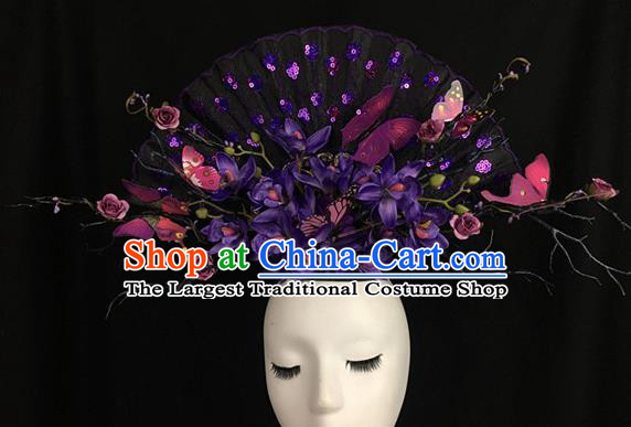 Chinese Stage Show Purple Flowers Hair Accessories Traditional Catwalks Palace Headdress for Women