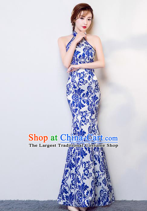 Chinese Traditional Elegant Qipao Dress Classical Costume Blue Cheongsam for Women