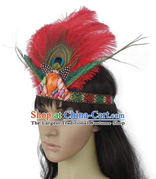 Top Halloween Stage Show Red Feather Hair Accessories Catwalks Primitive Tribe Hair Clasp for Women