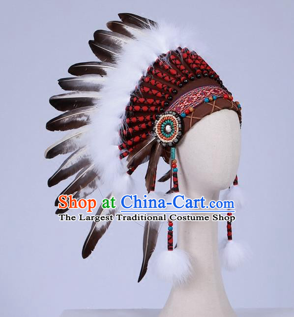 Top Halloween Apache Knight Long Feather Hat Carnival Catwalks Primitive Tribe Hair Accessories for Men