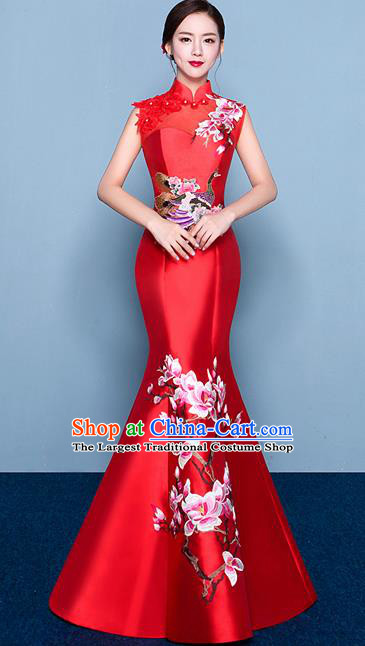 Chinese Traditional Elegant Magnolia Qipao Dress Classical Costume Red Cheongsam for Women