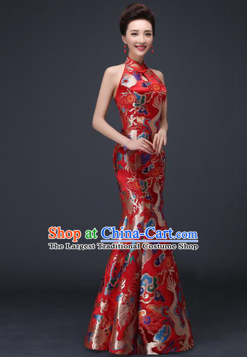 Chinese Traditional Elegant Red Qipao Dress Classical Costume Dragons Cheongsam for Women