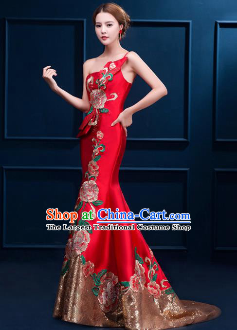 Chinese Traditional Elegant Trailing Qipao Dress Classical Costume Red Cheongsam for Women