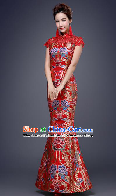 Chinese Traditional Wedding Red Qipao Dress Classical Costume Elegant Cheongsam for Women